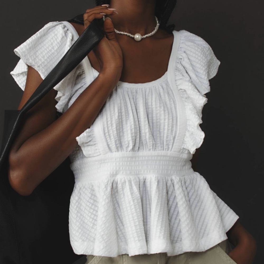 Maeve NWT White Ruffle Sleeve Peplum Top